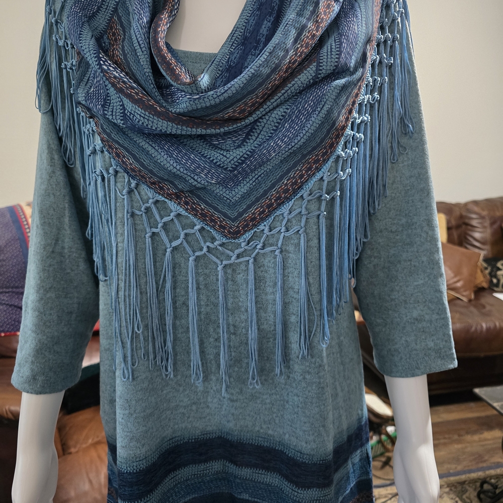 Fringed Knit Tunic and Scarf Set in Teal Sz S